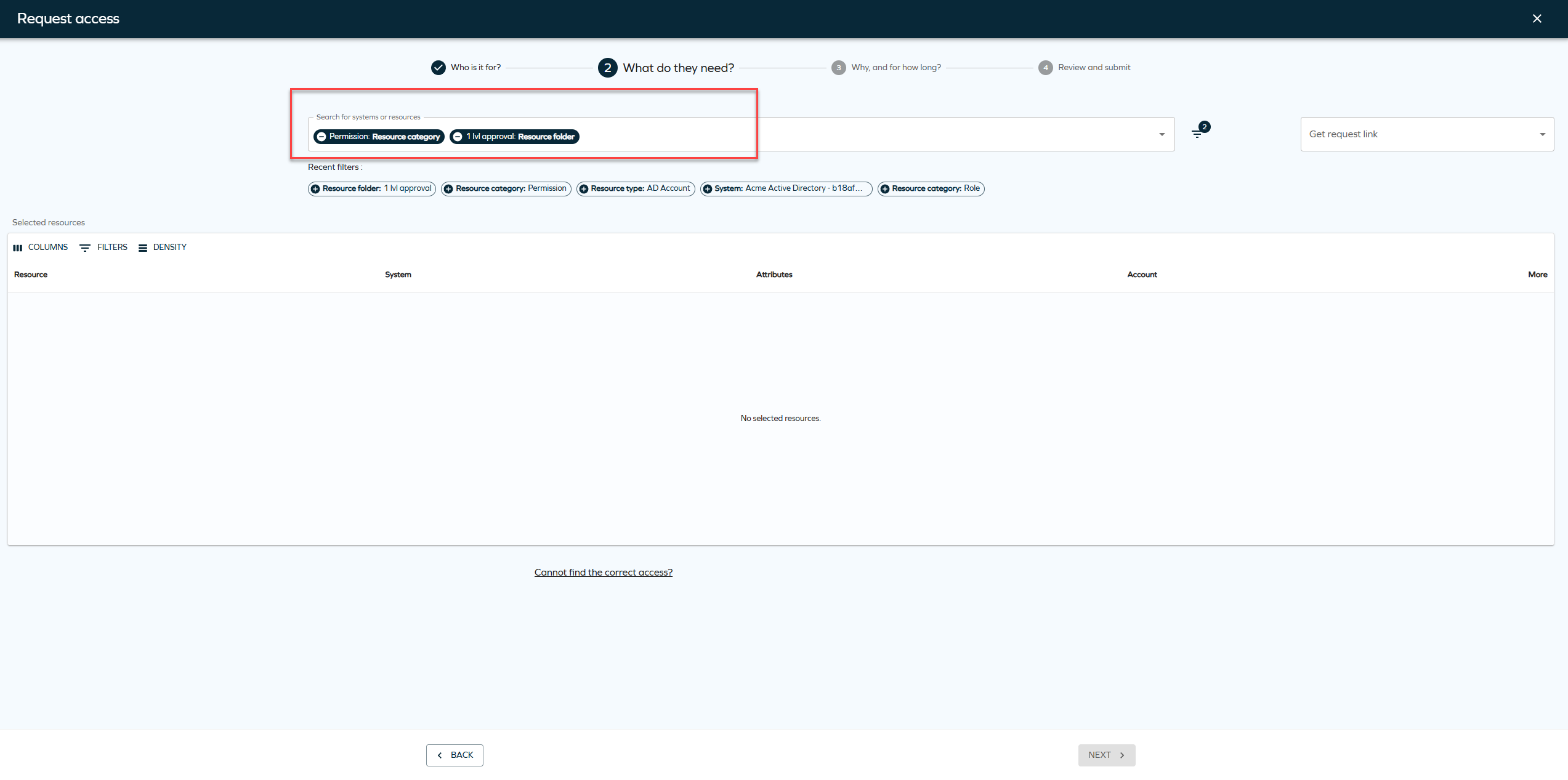 Access request page with customer setting AccessRequestResourcesPropertyFilters configured.